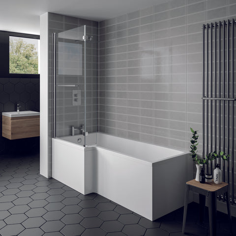 Kartell UK Matrix Storm Grey Gloss Shower Bath Suites With Vanity Unit and Elite L-shaped Bath