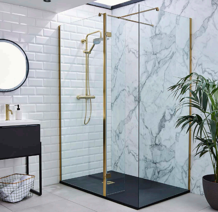 Kartell UK Kore Matt Dark Grey Shower Enclosure Suites With Vanity - Ottone Wet Room Screen in Brushed Brass