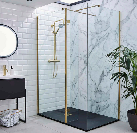 Kartell UK Kore Sonoma Oak Shower Enclosure Suites With Vanity Unit - Ottone Wet Room Screen Brushed Brass