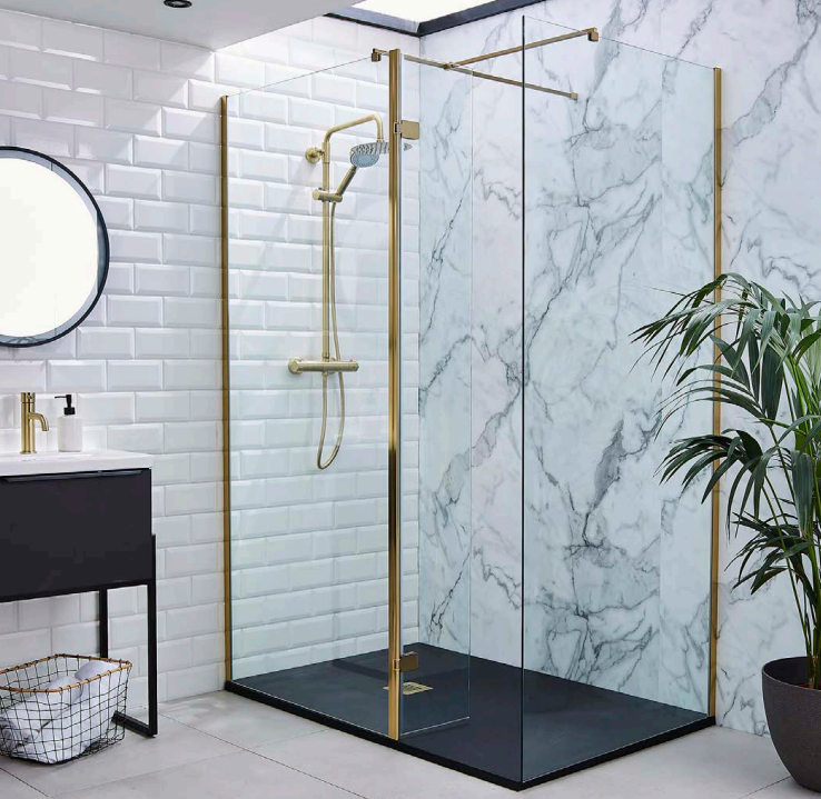 Kartell UK Milton Shower Enclosure Suites Without Vanity Unit - Brushed Brass Ottone Wet Room Screen