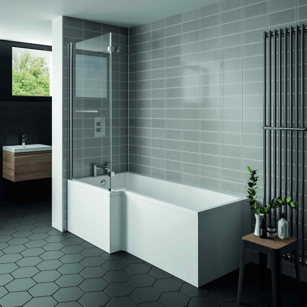Kartell UK Kore Matt Dark Grey Bathroom Suite With Vanity Unit and Elite Shower Bath
