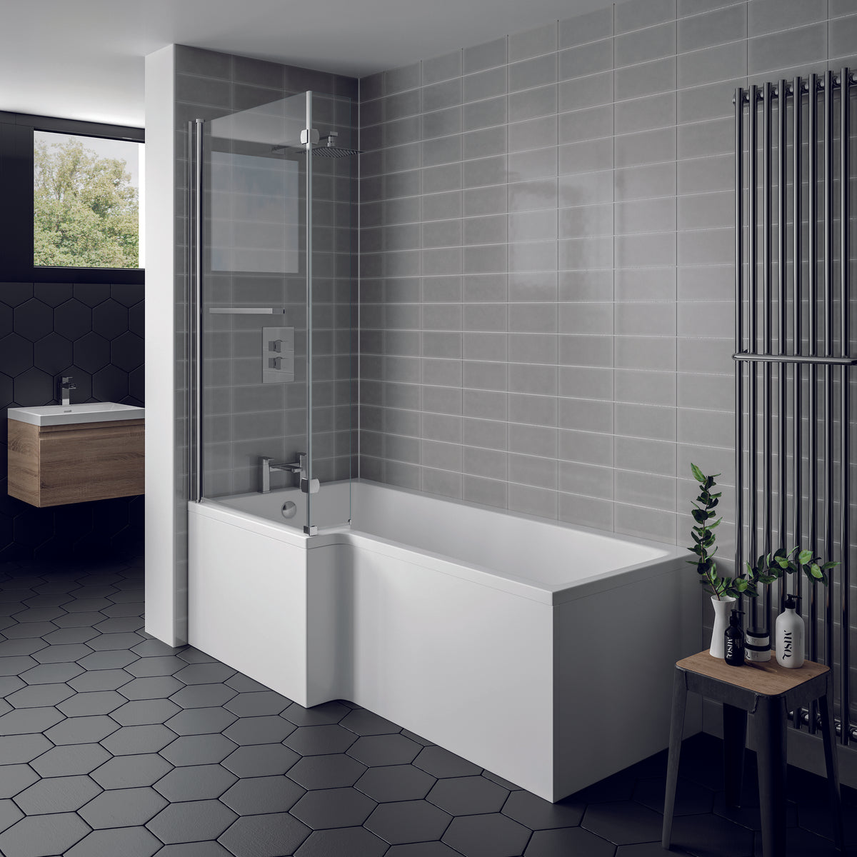 Kartell UK Matrix White Gloss Shower Bath Suites With Vanity Unit and Elite L-shaped Bath