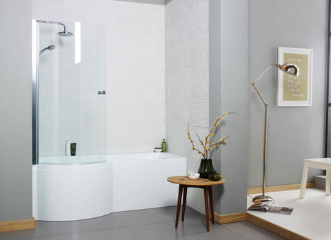 Kartell UK Kore White Gloss Bathroom Suite With Vanity Unit - Oblique P Shaped Shower Bath