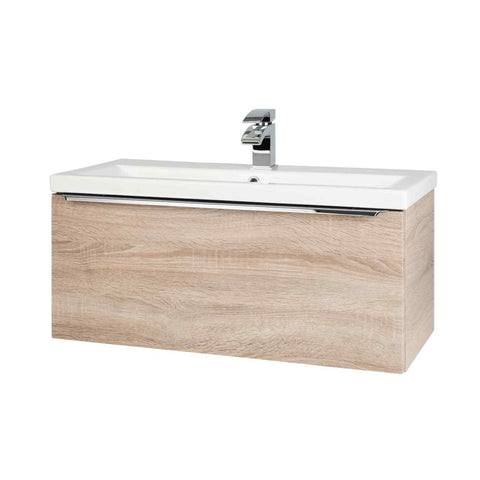 Kartell UK Kore Sonoma Oak Bathroom Suite with Vanity Unit - Oblique P Shaped Shower Bath