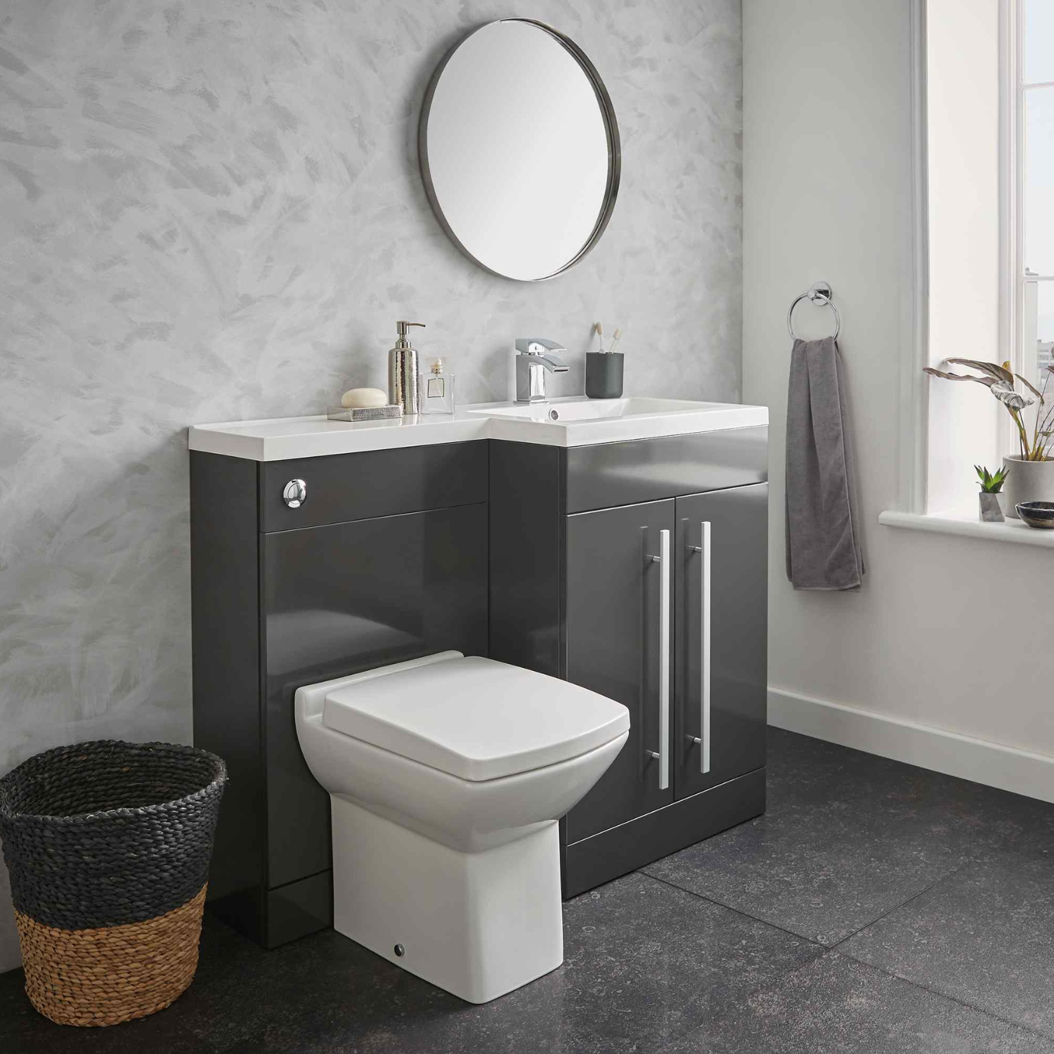 Kartell UK Matrix Storm Grey Gloss Bathroom Suites with Vanity Unit and Spirit Bath