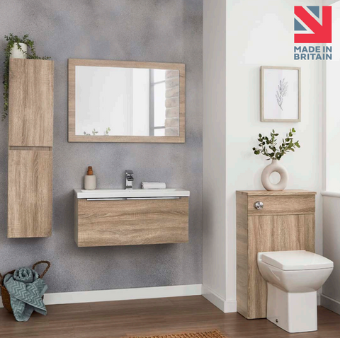 Kartell UK Kore - Sonoma Oak Shower Bath Suites With Vanity Unit and Oblique P-shaped Bath