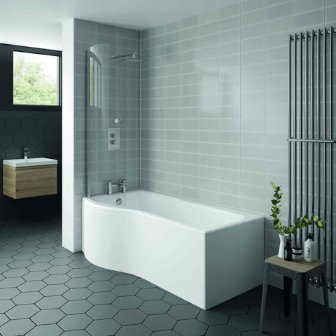 Kartell UK Kore Sonoma Oak Bathroom Suite with Vanity Unit - Oblique P Shaped Shower Bath