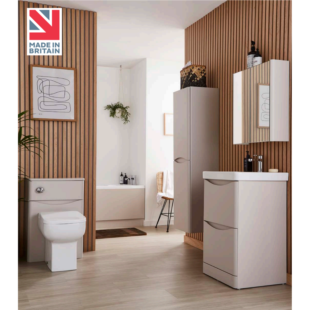 ARC Cashmere Modern Bathroom Suite in a Soft Muted Beige Taupe with Vanity Unit