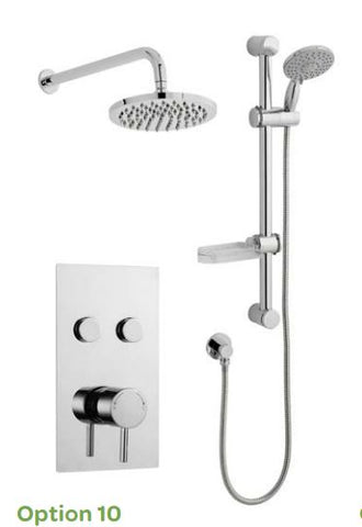 PLAN Option 10 TWIN ROUND PUSH BUTTON THERMOSTATIC SHOWER WITH SLIDE RAIL KIT AND OVERHEAD DRENCHER