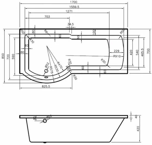 Kartell UK Adapt P-Shaped Shower Bath 1700 X 850mm Right Hand